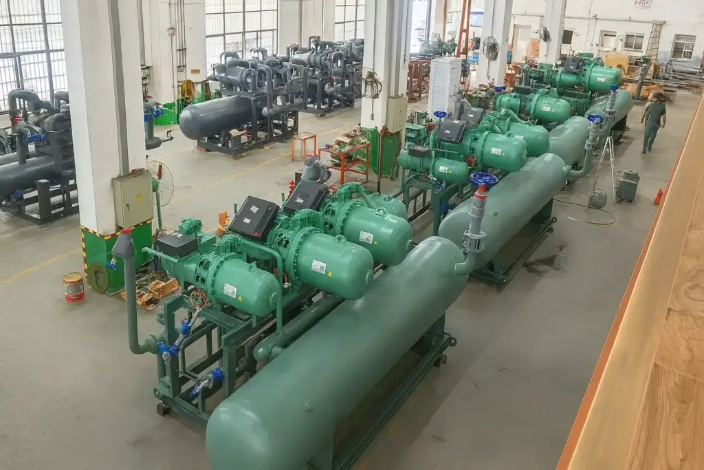 Industrial refrigeration unit production line in manufacturing factory